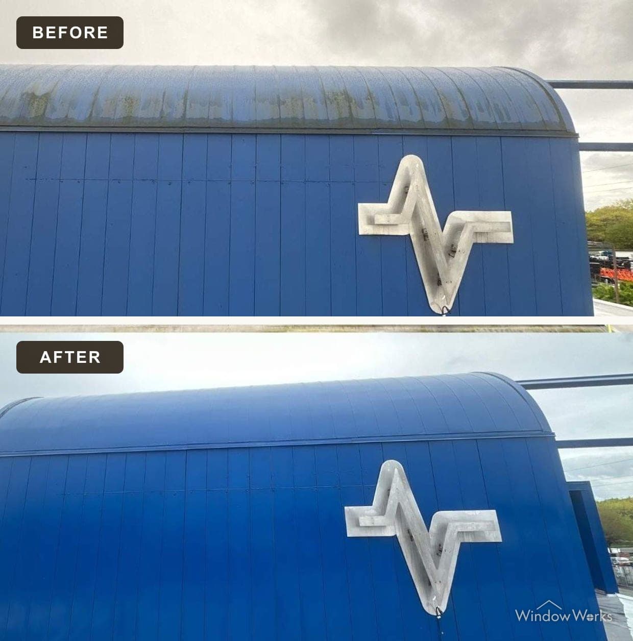 Before and after WindowWorks washing rust and algae streaking off a curved blue metal facade on the Eastside
