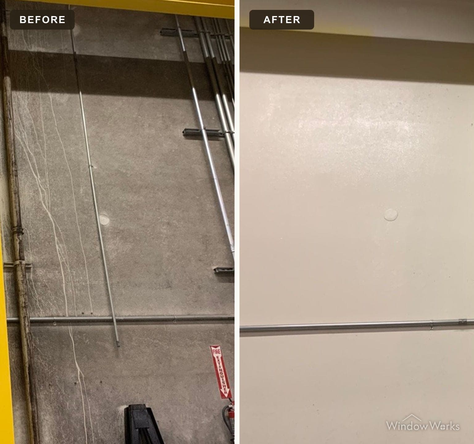 Before and after WindowWorks washing the interior concrete wall of a parking structure on the Eastside, the untouched panel beside the washed one