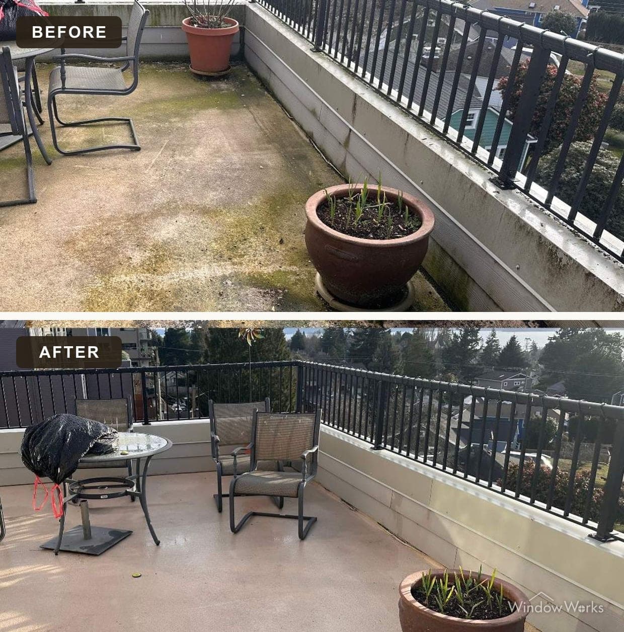 Before and after WindowWorks washing a moss-stained rooftop terrace back to clean concrete on the Eastside