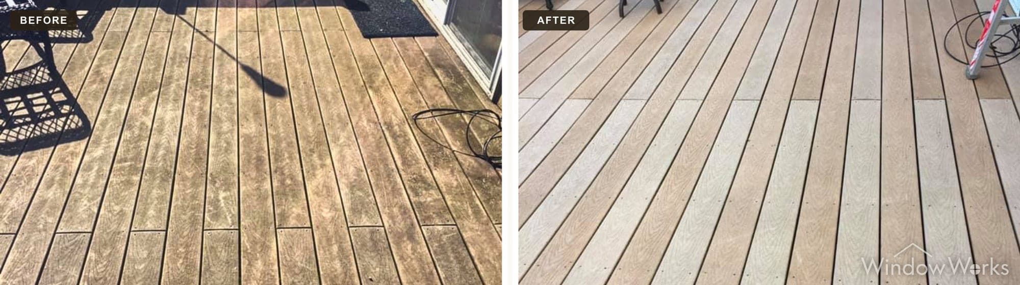 A WindowWorks technician washes ground-in dirt and stains from a composite deck, leaving the boards clean and evenly colored, Eastside Seattle.