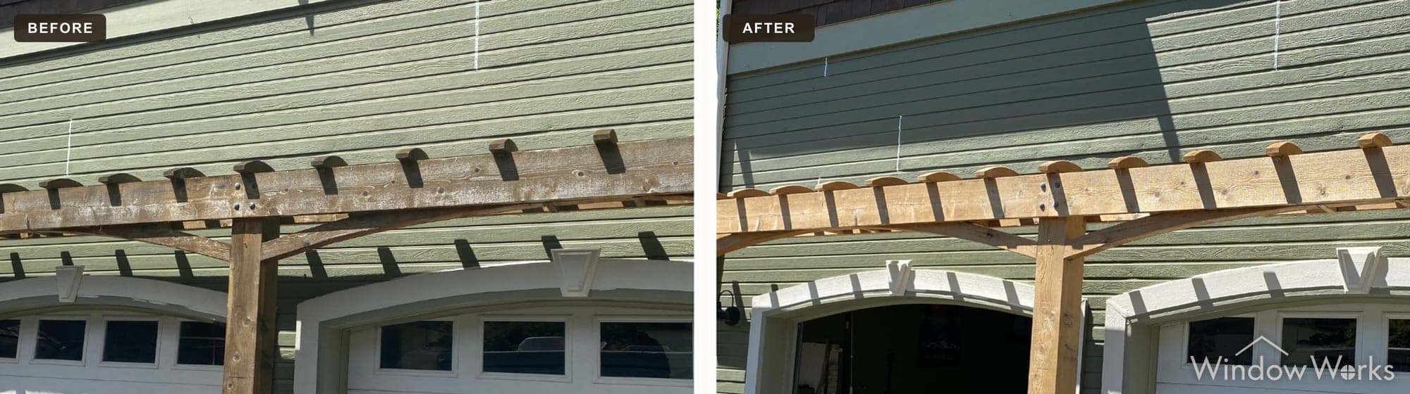 A WindowWorks technician strips gray weathering from a wood pergola spanning a garage entry, returning it to a fresh light wood finish, Eastside Seattle.