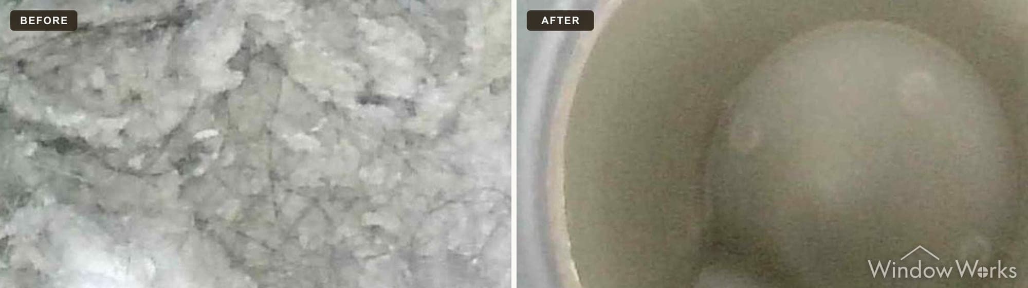Before and after a WindowWorks dryer vent cleaning, a lint-fouled duct cleared to clean bare metal, Eastside Seattle.