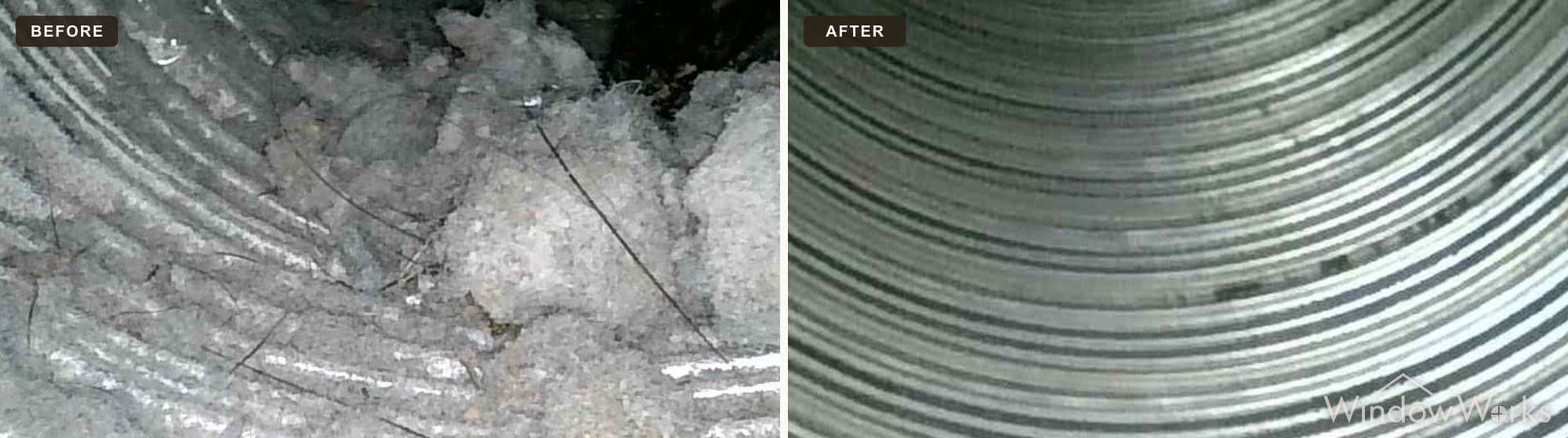 Before and after WindowWorks clearing matted lint packed along the wall of a dryer duct on the Eastside
