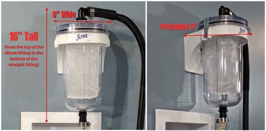 Dimension diagram for the laundry filter, marked 16 inches tall, 9 inches wide, and protruding 8 inches from the wall