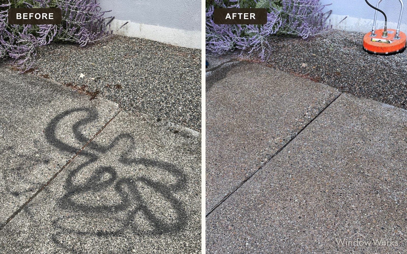Before and after WindowWorks lifting spray paint out of concrete rather than painting over it