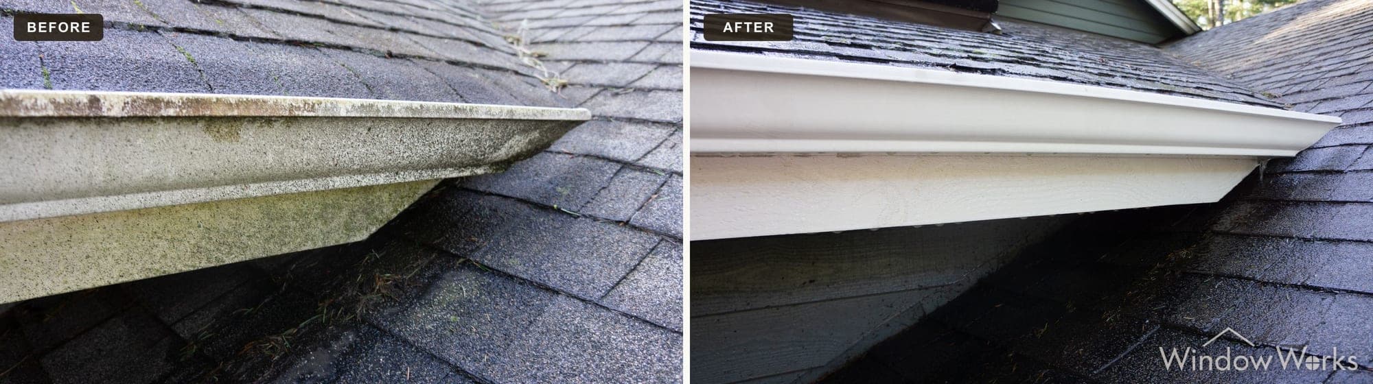 Before and after WindowWorks whitening a weather-streaked gutter face on a residential roofline on the Eastside