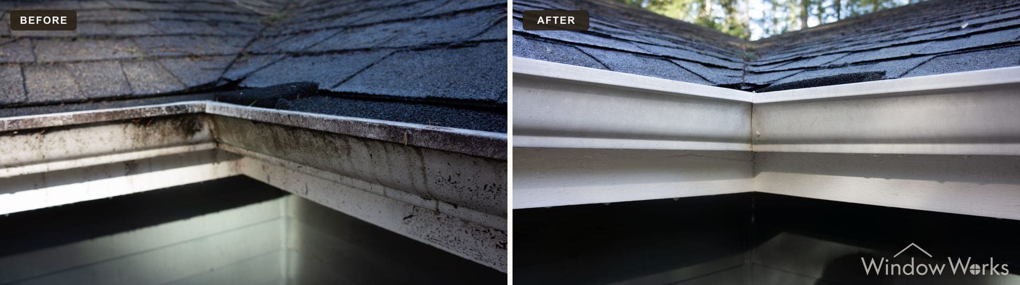 Before and after WindowWorks whitening an oxidized, streak-stained aluminum gutter face back to clean white on the Eastside