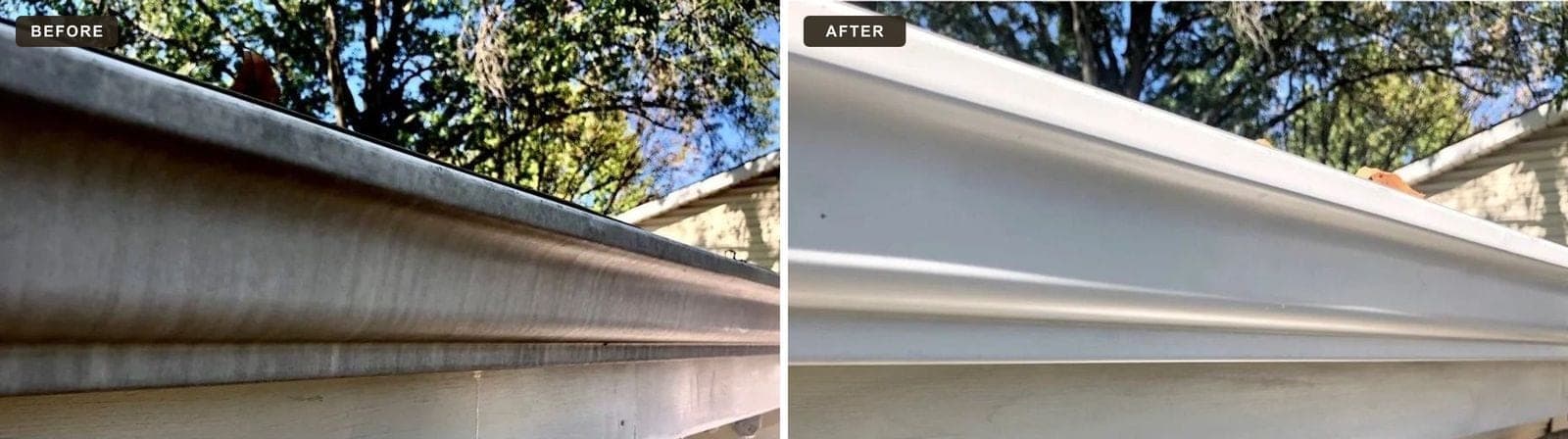 A gutter face heavily darkened by oxidation beside the same run after brightening, the aluminum back to an even white
