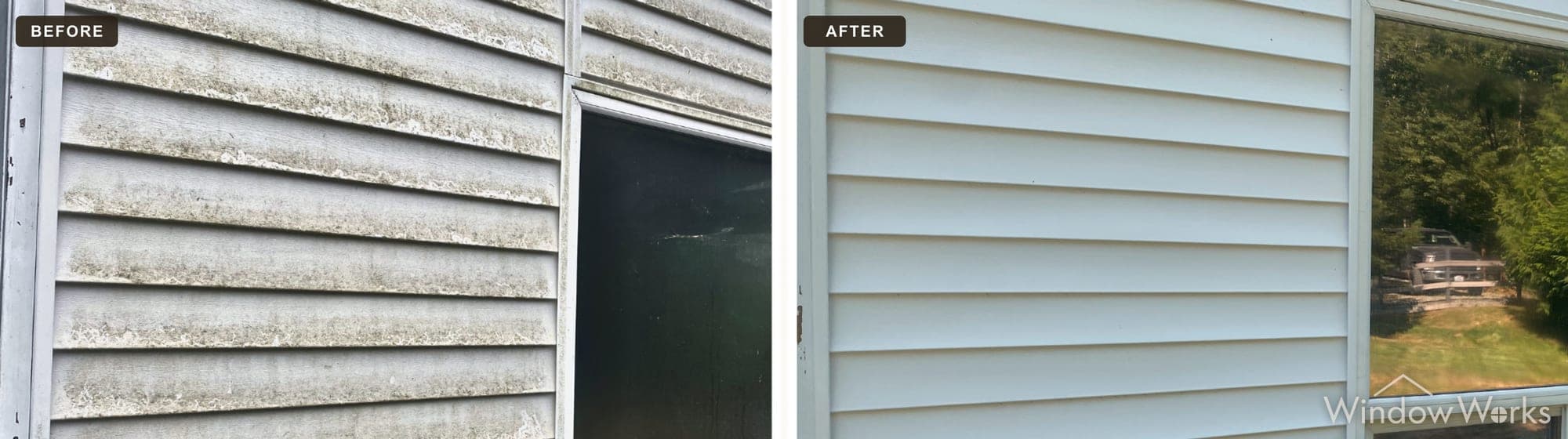 Before and after WindowWorks soft washing heavy algae and grime off a home's vinyl siding, Eastside Seattle.