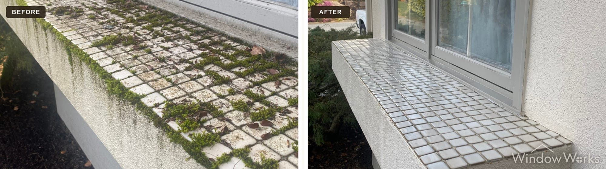 Before and after WindowWorks soft washing moss and weeds off a tiled exterior windowsill ledge, Eastside Seattle.