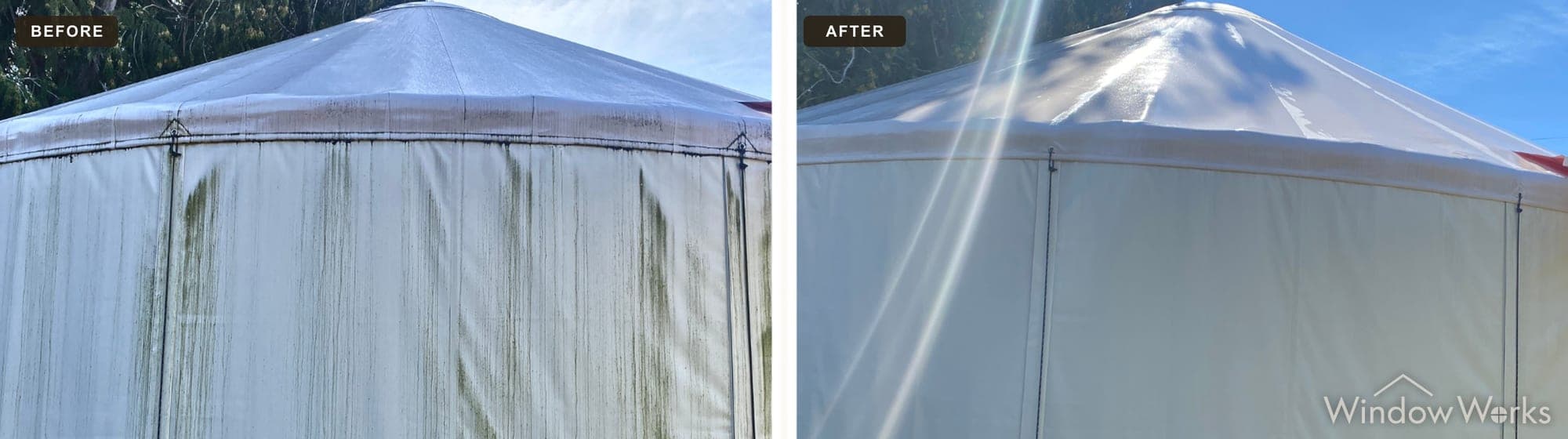 Before and after WindowWorks soft washing green algae streaks off the fabric exterior of a yurt, Eastside Seattle.