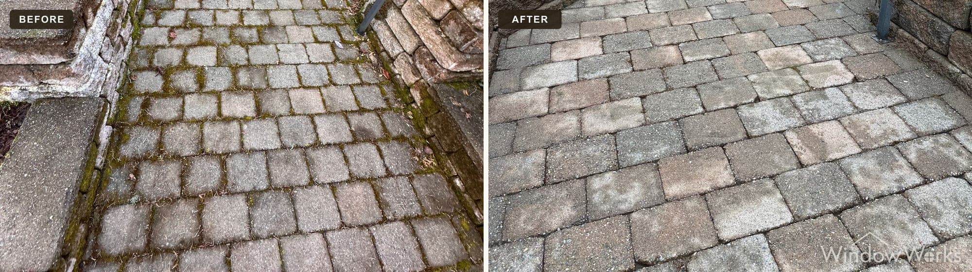 Before and after WindowWorks deep cleaning the moss-filled joints of a paver landing below block steps on the Eastside