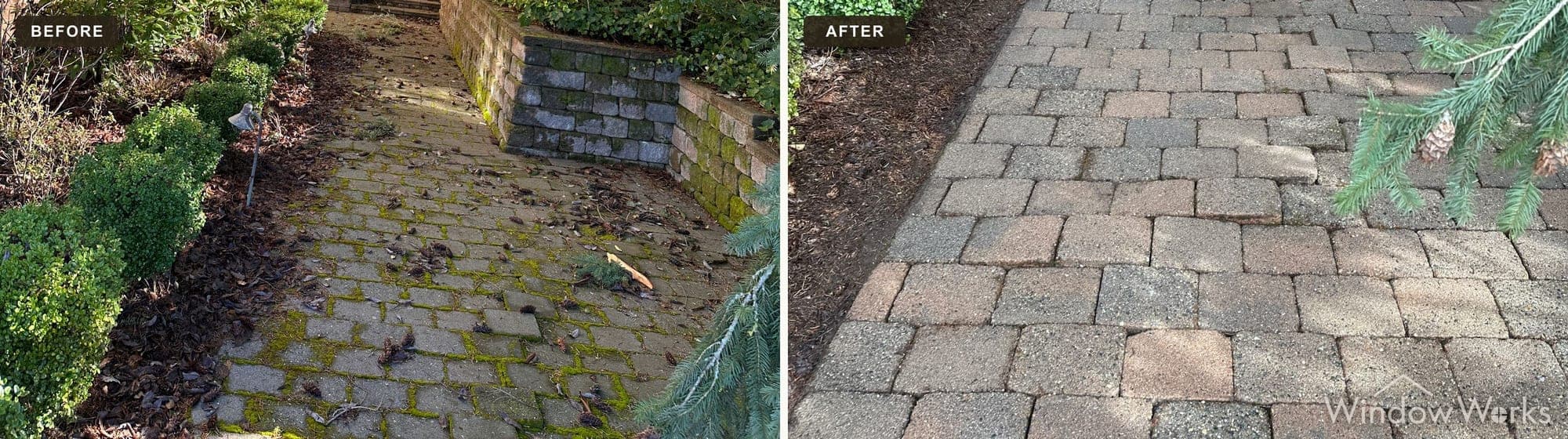 Before and after WindowWorks clearing moss and debris from the joints of a paver walkway on the Eastside
