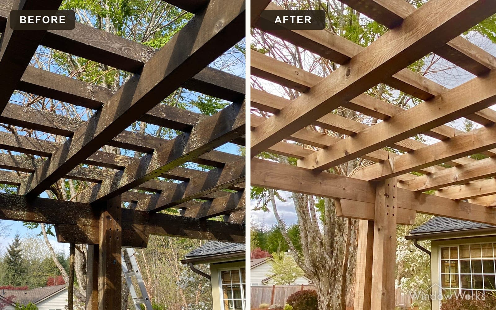 Before and after WindowWorks stripping a near-black buildup of old finish off the underside of a backyard pergola, back to warm cedar