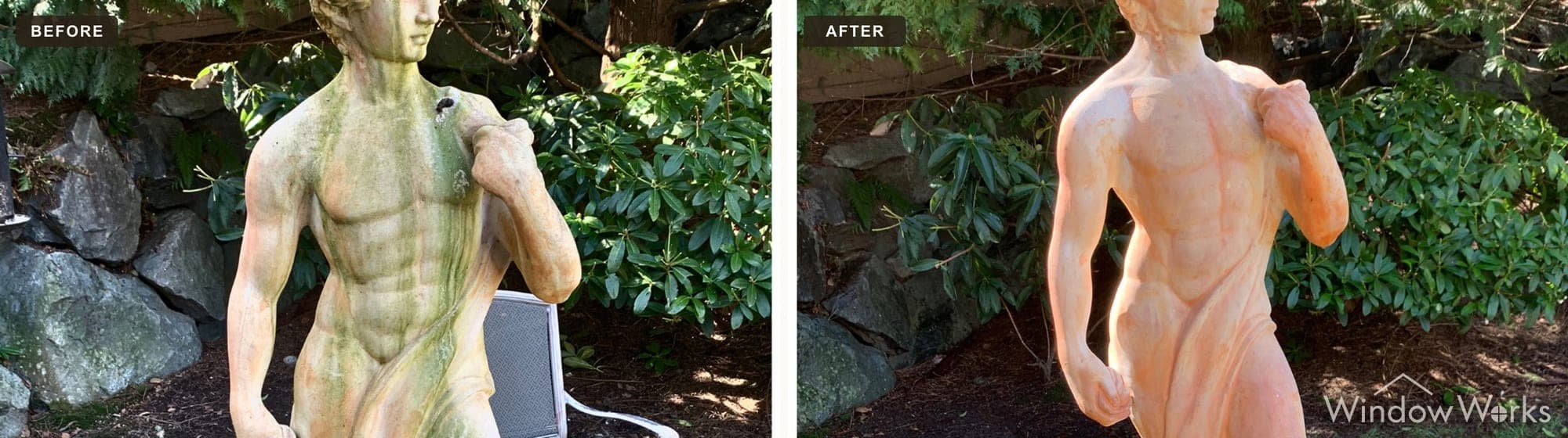 Before and after WindowWorks soft washing a moss-covered classical garden statue, Eastside Seattle.
