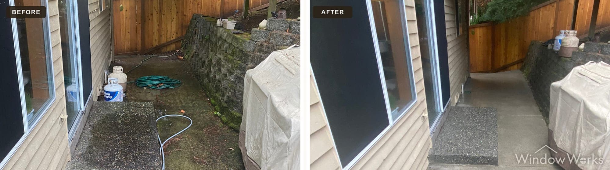 Before and after WindowWorks pressure washing a stained concrete side-yard walkway, Eastside Seattle.
