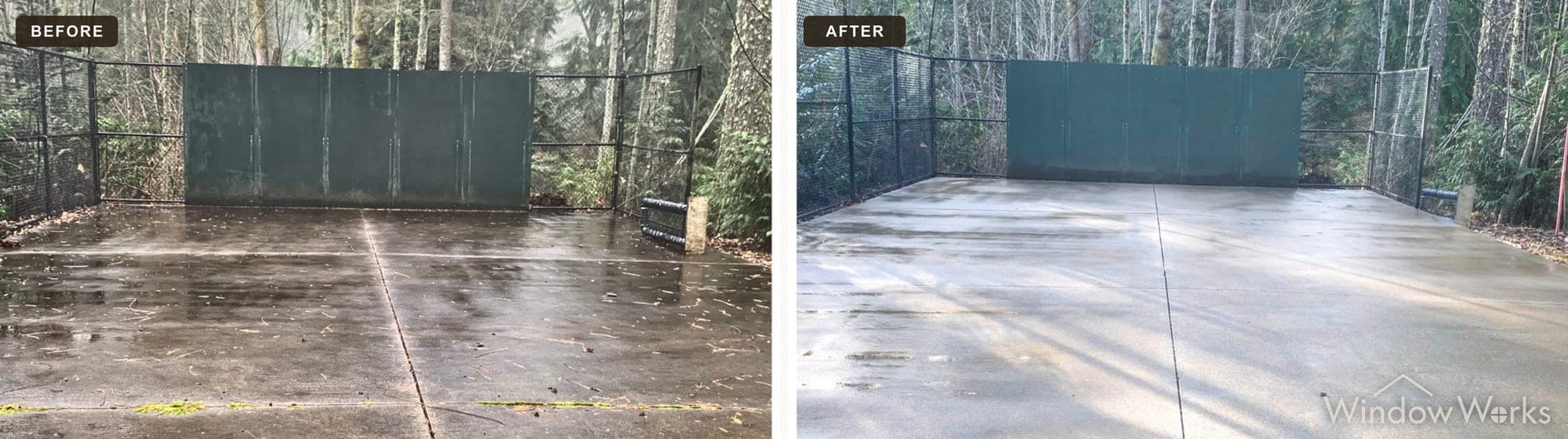 Before and after WindowWorks pressure washing a wet concrete sport court slab, Eastside Seattle.