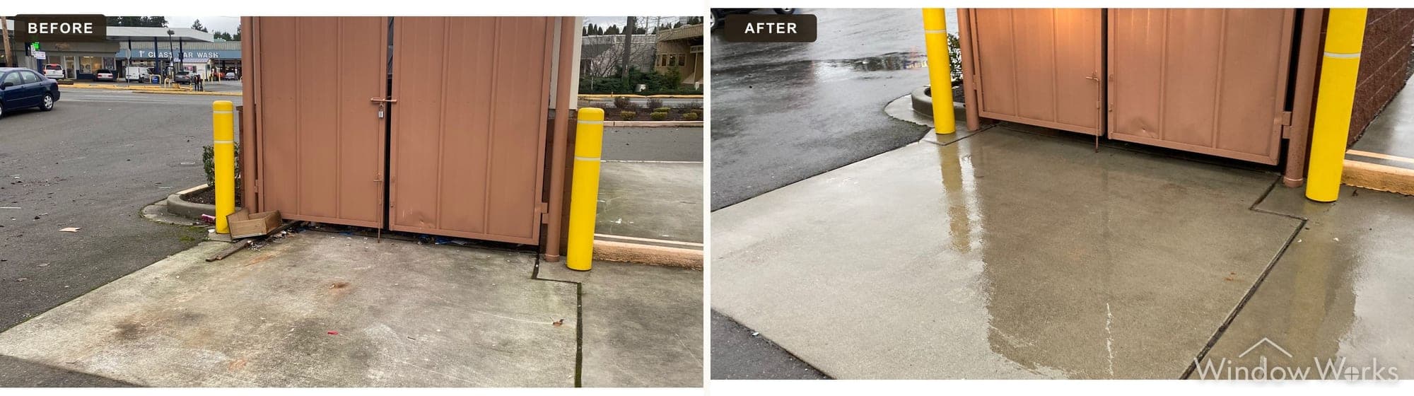 Before and after WindowWorks pressure washing a commercial dumpster-enclosure concrete pad, Eastside Seattle.