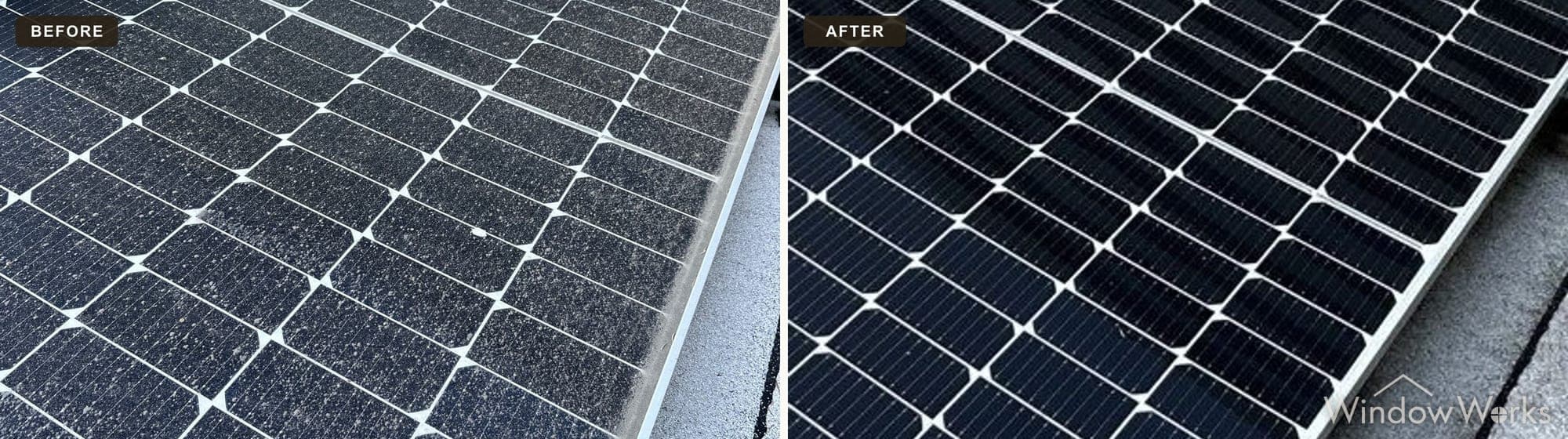 Before and after WindowWorks cleaning pollen and grime off residential solar panels on the Eastside