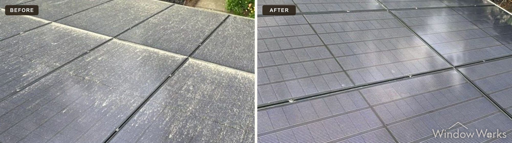 Before and after WindowWorks brushing a pollen-dusted rooftop solar array back to clean glass on the Eastside