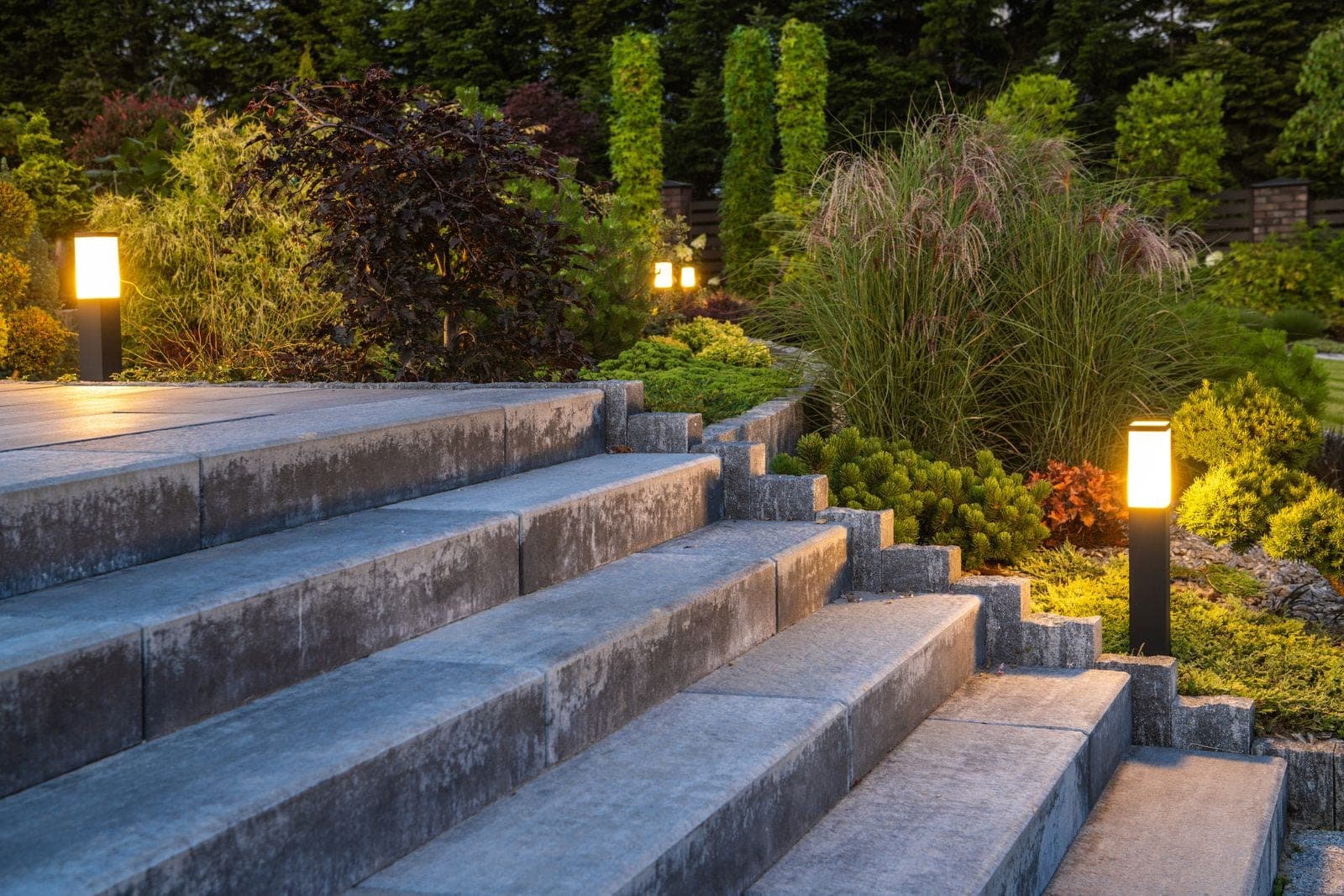 Wide stone steps at dusk with bollard lights standing at the treads, warm light washing the risers and the planting either side.