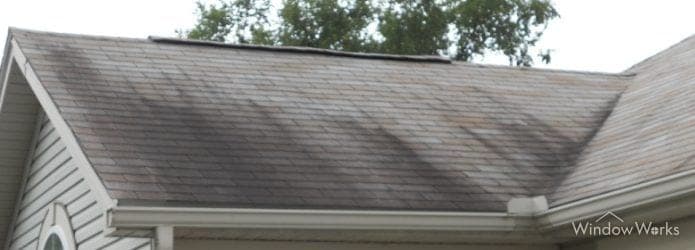 Dark vertical algae streaks running down an asphalt shingle roof