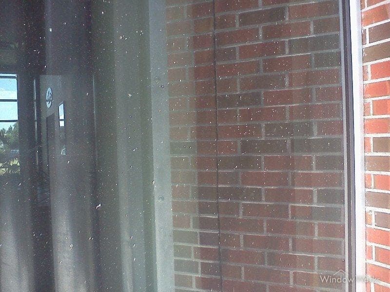 Welding spatter fused across a storefront window as fine embedded specks.