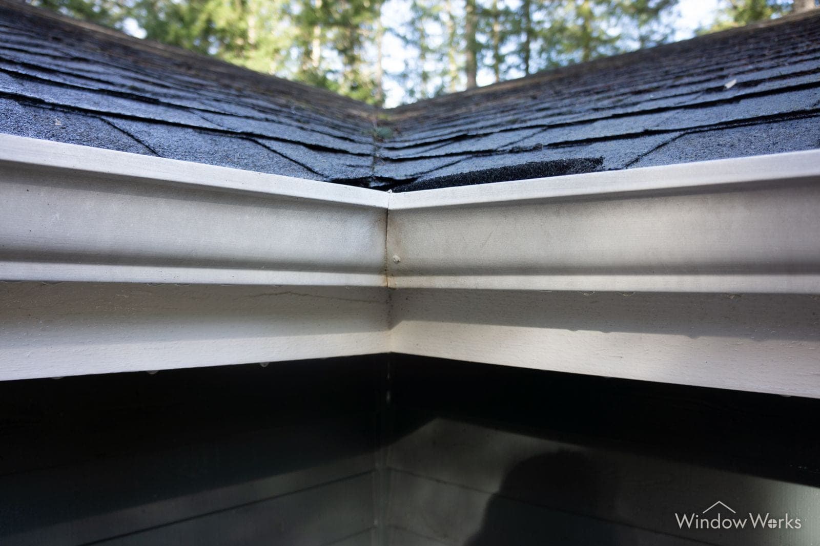 A freshly cleaned white aluminum gutter face at an inside roof corner, washed back to bright white, on an Eastside Seattle home