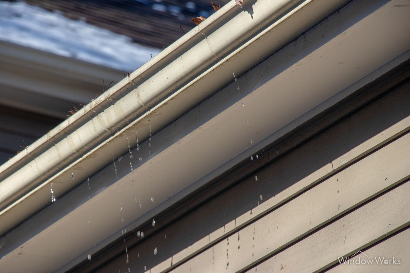 Rainwater dripping over the front lip of a full gutter and running down the soffit and siding of an Eastside Seattle home