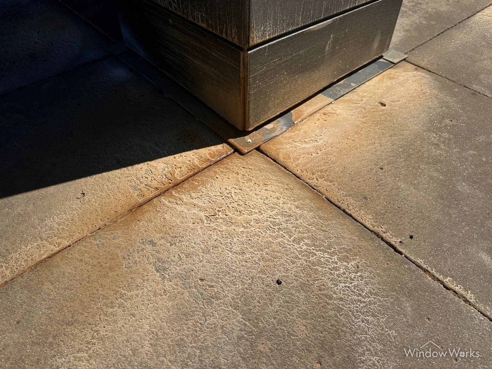 A tan crust of mineral deposit dried across a concrete walkway beside a planter wall on an Eastside Seattle property