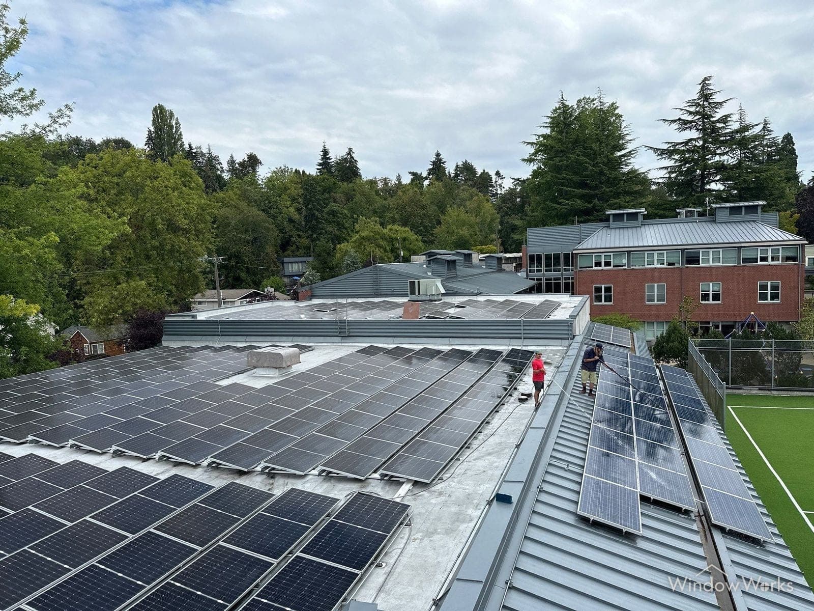 Two WindowWorks technicians cleaning a large commercial rooftop solar array with a water-fed pole across a Seattle building's roofs