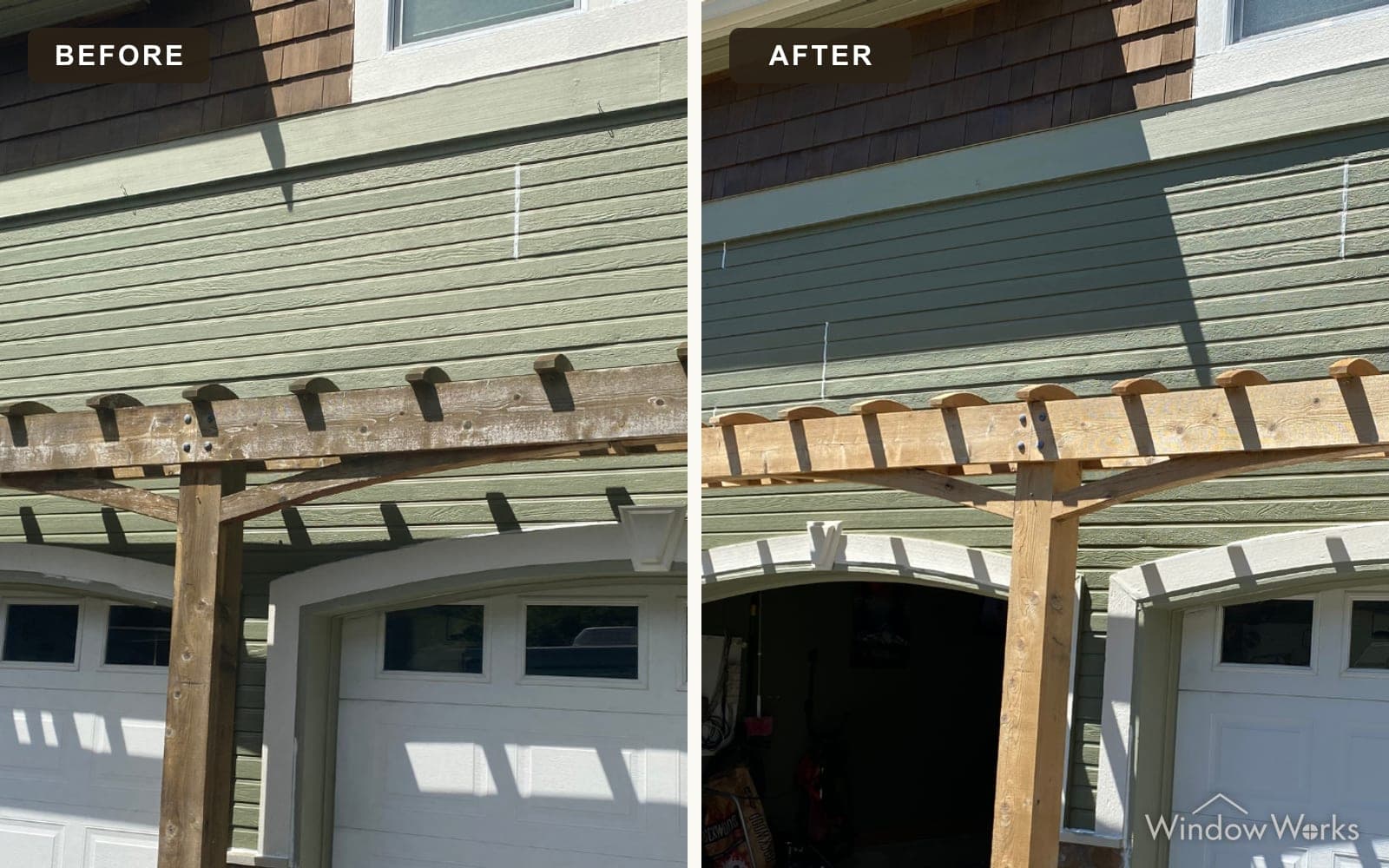 Before and after WindowWorks restoring a gray, weathered wood pergola back to warm, even wood ready for a new finish on the Eastside