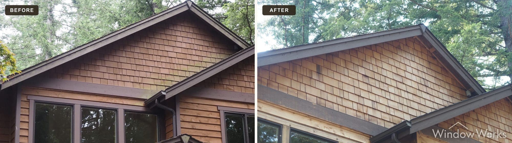 Before and after WindowWorks stripping the dark, algae-stained finish off a cedar shake gable on the Eastside
