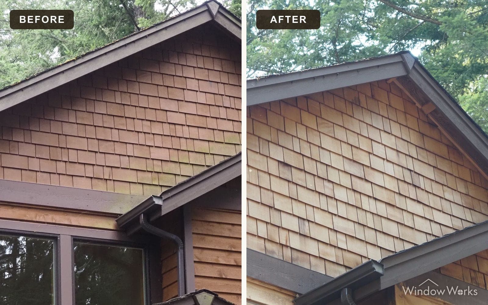Before and after WindowWorks stripping the dark, algae-stained finish off a cedar shake gable, back to bright cedar