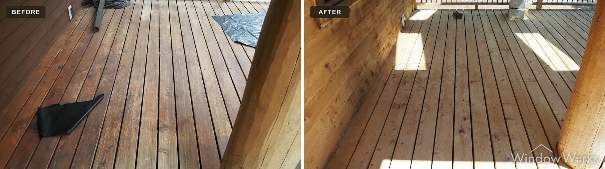 Before and after WindowWorks stripping a dark stain off a covered porch's cedar decking and wall on the Eastside