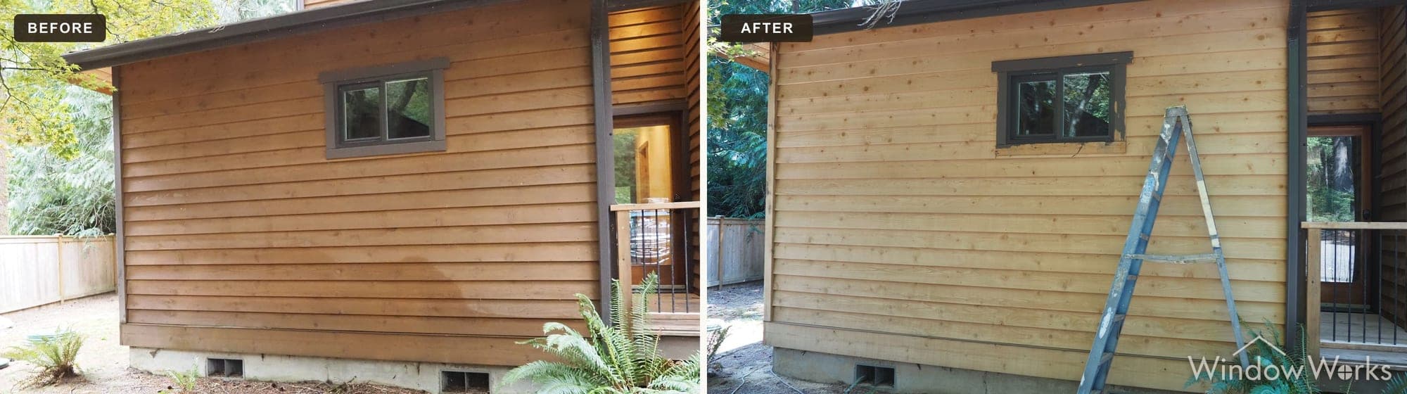 Before and after WindowWorks stripping the stain off a cedar lap siding wall on the Eastside