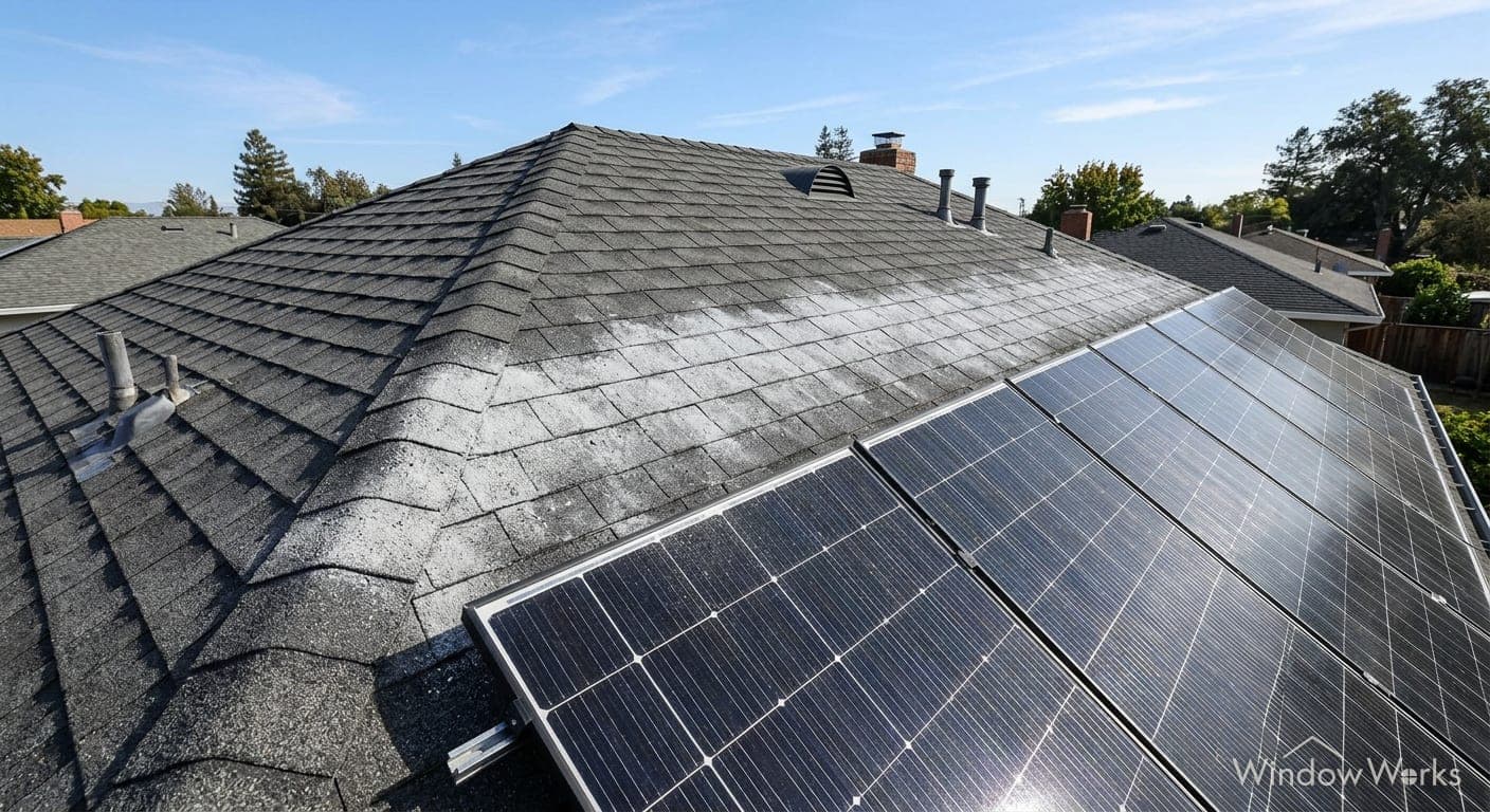 Illustration of zinc powder applied along the ridge of an asphalt shingle roof above a solar array