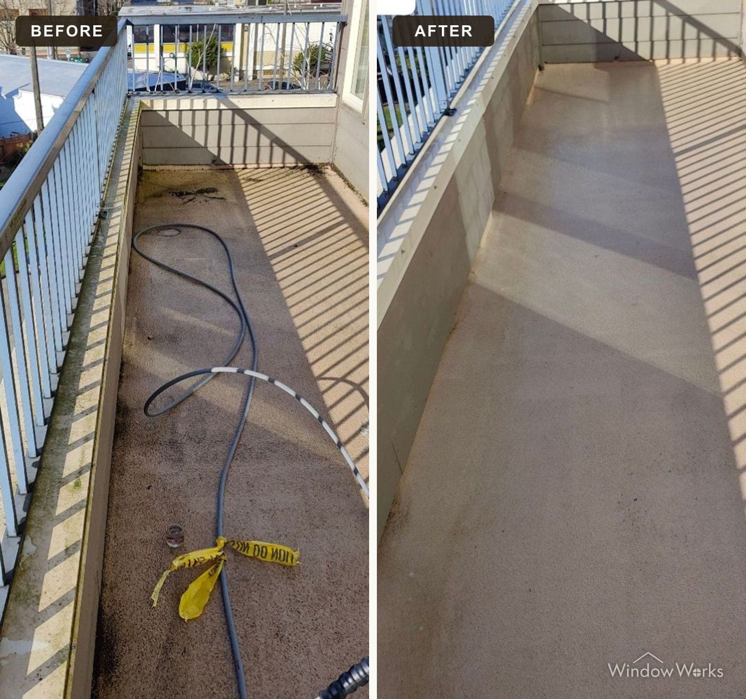 Before and after WindowWorks cleaning a grimy apartment balcony walkway back to clean aggregate on the Eastside