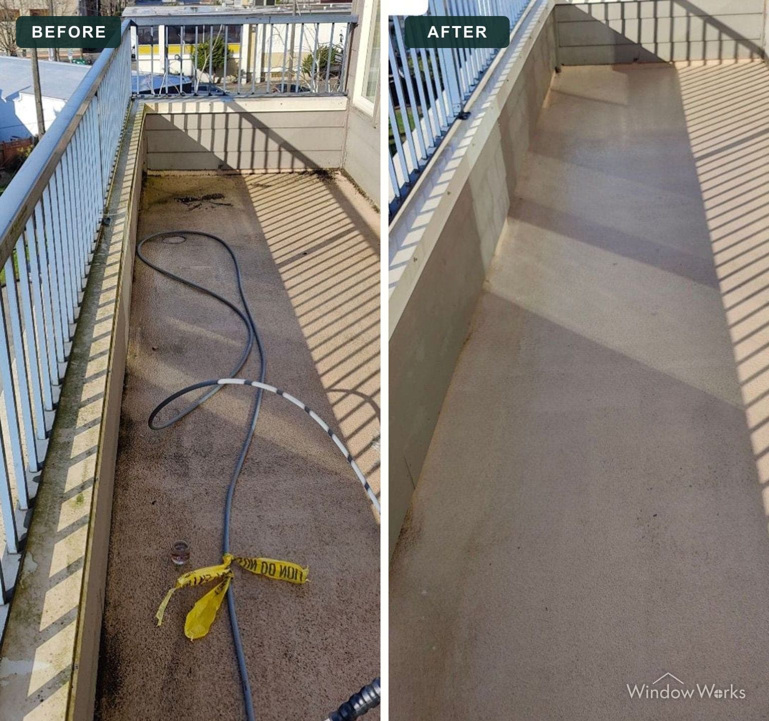 Before and after WindowWorks cleaning a grimy apartment balcony walkway back to clean aggregate, Eastside Seattle.