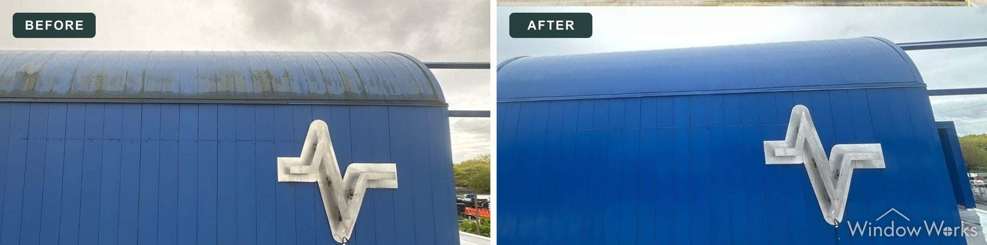 Before and after WindowWorks washing rust and algae streaking off a curved blue metal facade, Eastside Seattle.