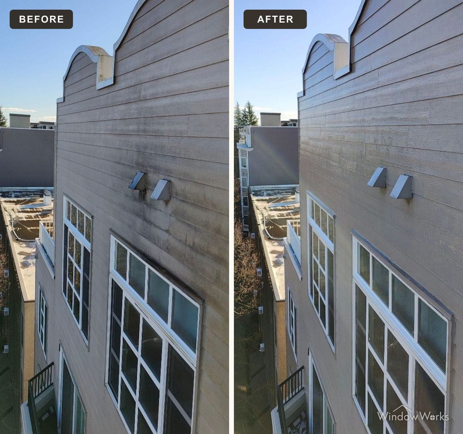 Before and after WindowWorks soft washing a weathered multi-story townhome facade on the Eastside
