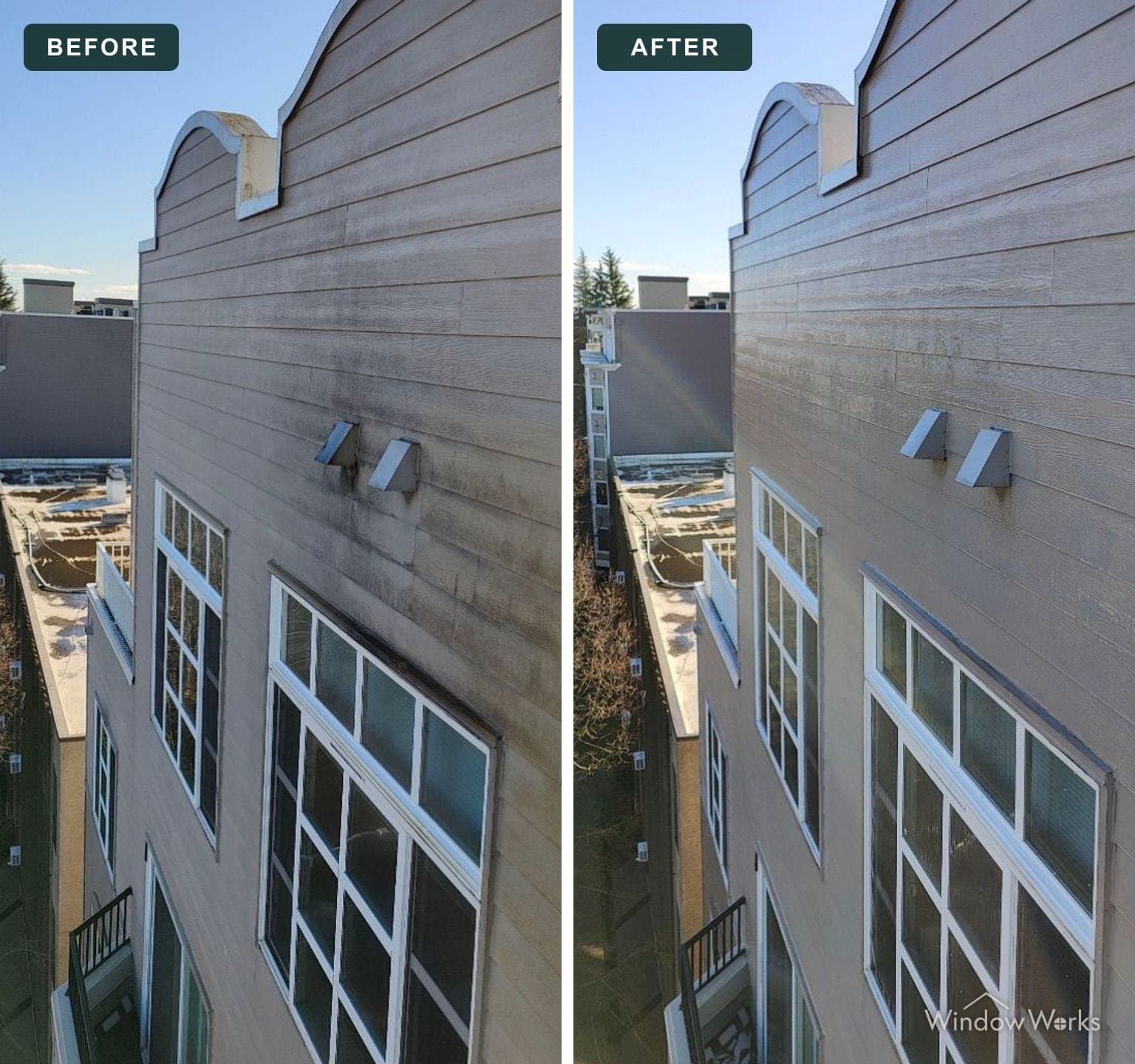 Before and after WindowWorks soft washing a weathered multi-story townhome facade, Eastside Seattle.