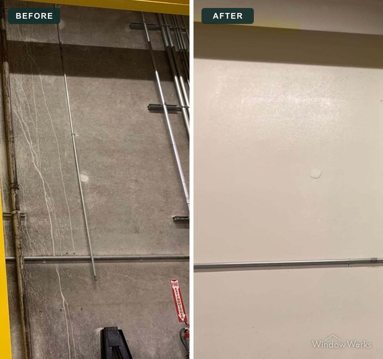 Before and after WindowWorks washing the interior concrete wall of a parking structure on the Eastside, the untouched panel beside the washed one