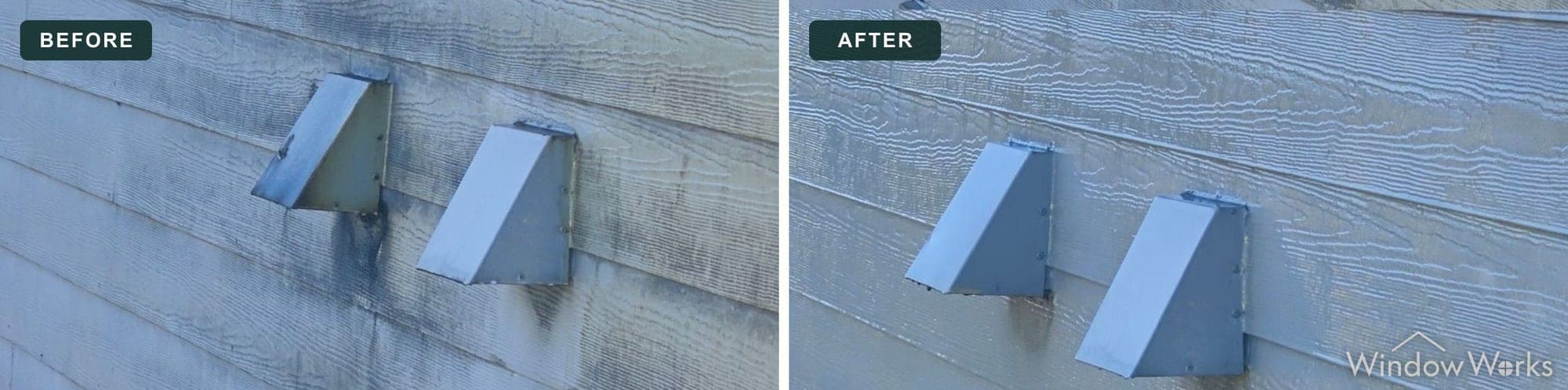 Before and after WindowWorks soft washing algae-stained lap siding around dryer vents on a commercial building, Eastside Seattle.