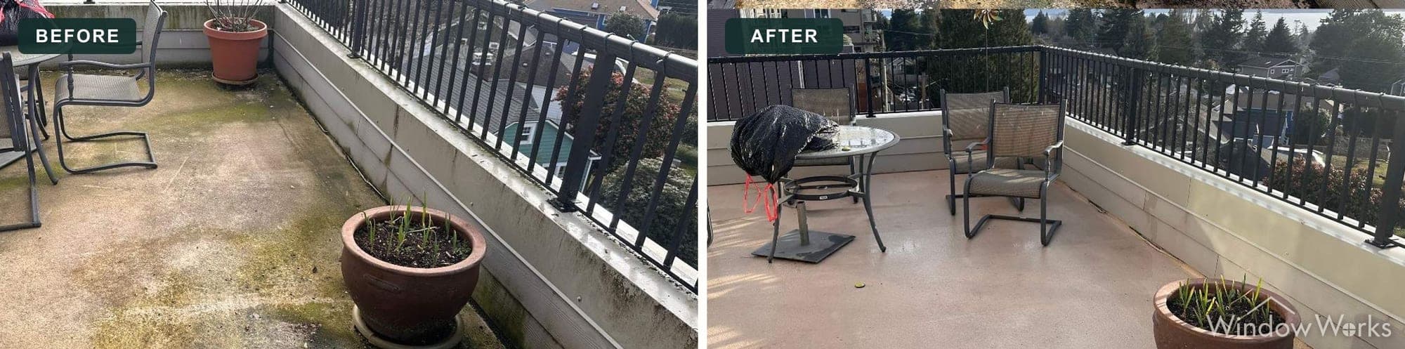 Before and after WindowWorks washing a moss-stained rooftop terrace back to clean concrete, Eastside Seattle.