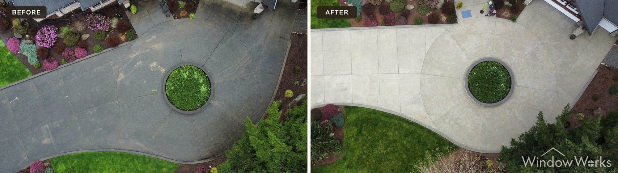 Aerial before and after of WindowWorks pressure washing a large circular concrete drive on the Eastside