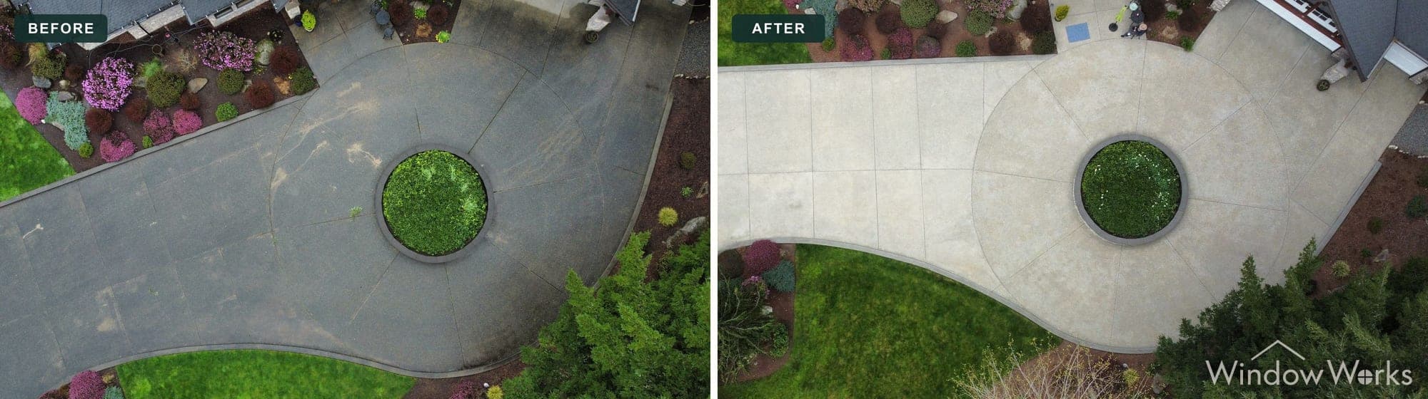 Aerial before and after of WindowWorks pressure washing a large circular concrete drive on the Eastside