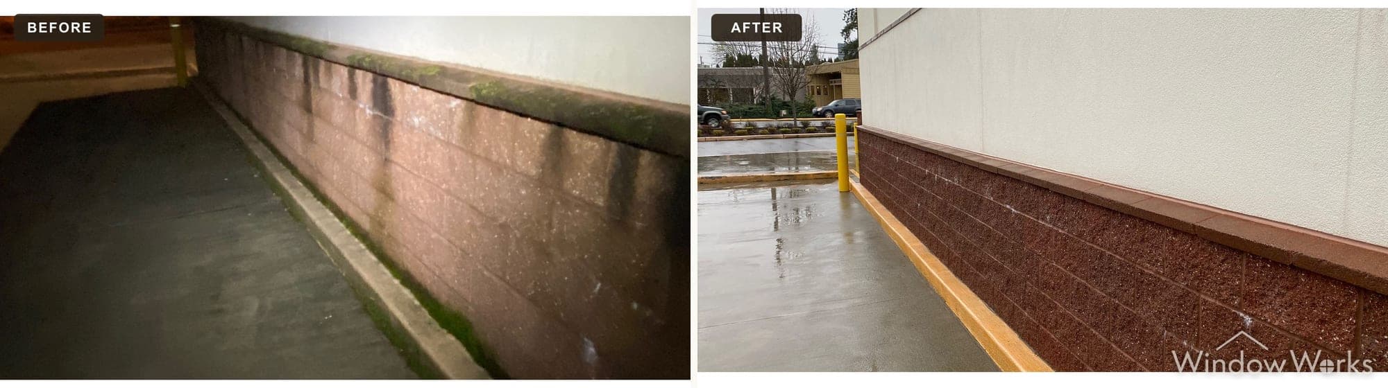 Before and after WindowWorks washing the algae-stained exterior masonry wall of a commercial building on the Eastside