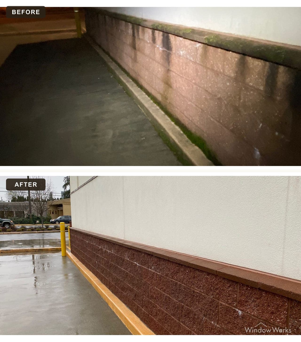 Before and after WindowWorks washing the algae-stained exterior masonry wall of a commercial building on the Eastside