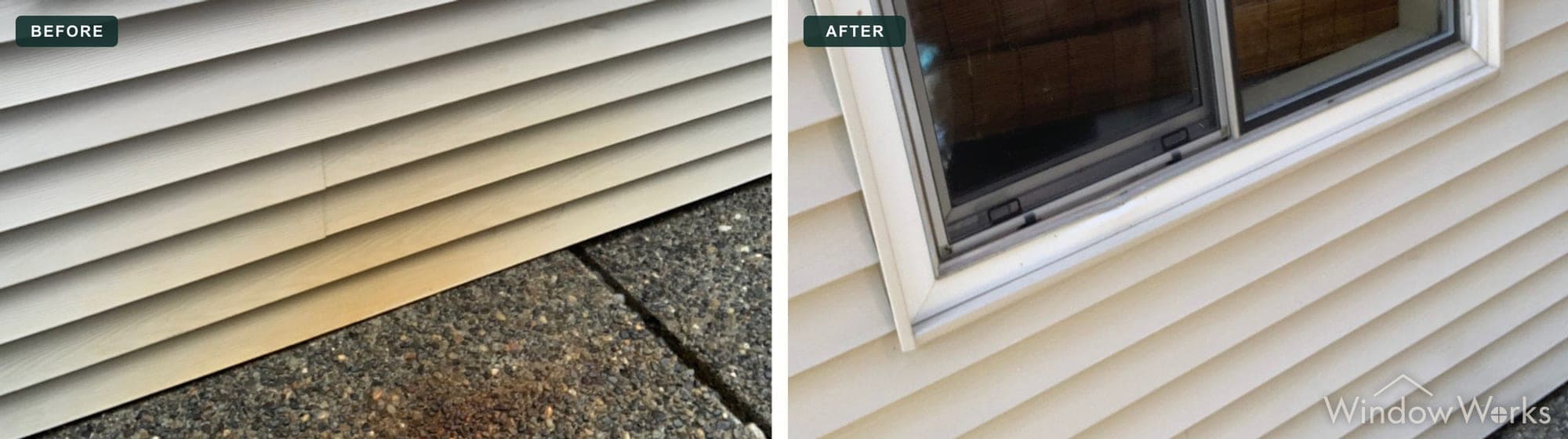 Before and after WindowWorks lifting rust staining from vinyl siding and aggregate concrete with targeted chemistry, Eastside Seattle.